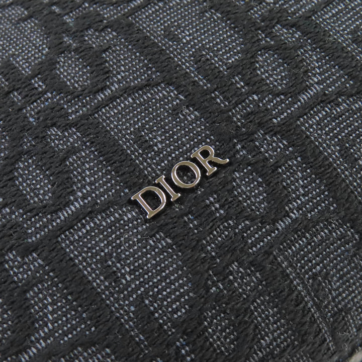 未使用品△DIOR ディオール キャンバス ロゴ金具 レザー使い オブリーク キャンバス ラウンドジップ ポーチ ブラック系 箱・袋付 伊製
