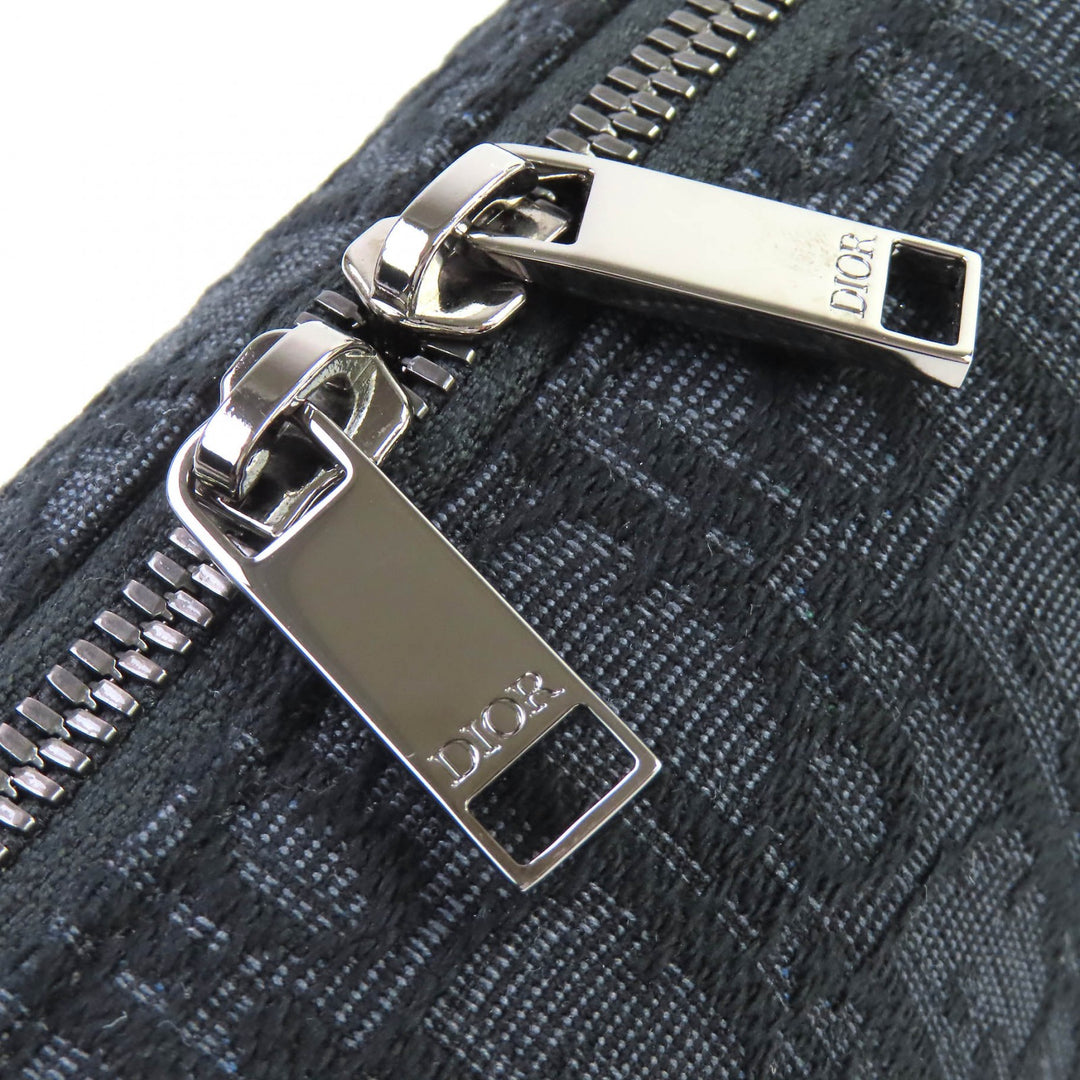 未使用品△DIOR ディオール キャンバス ロゴ金具 レザー使い オブリーク キャンバス ラウンドジップ ポーチ ブラック系 箱・袋付 伊製