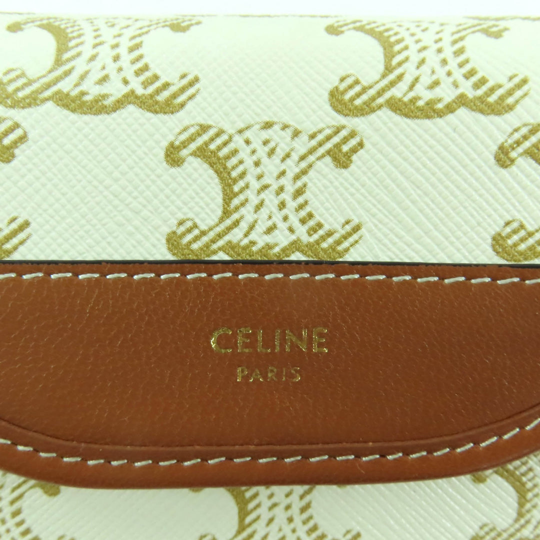 美品★CELINE セリーヌ トリオンフ ロゴ入り ストラップ付 PVC レザー コインケース 小銭入れ 財布 ホワイト ブラウン 伊製 レディース