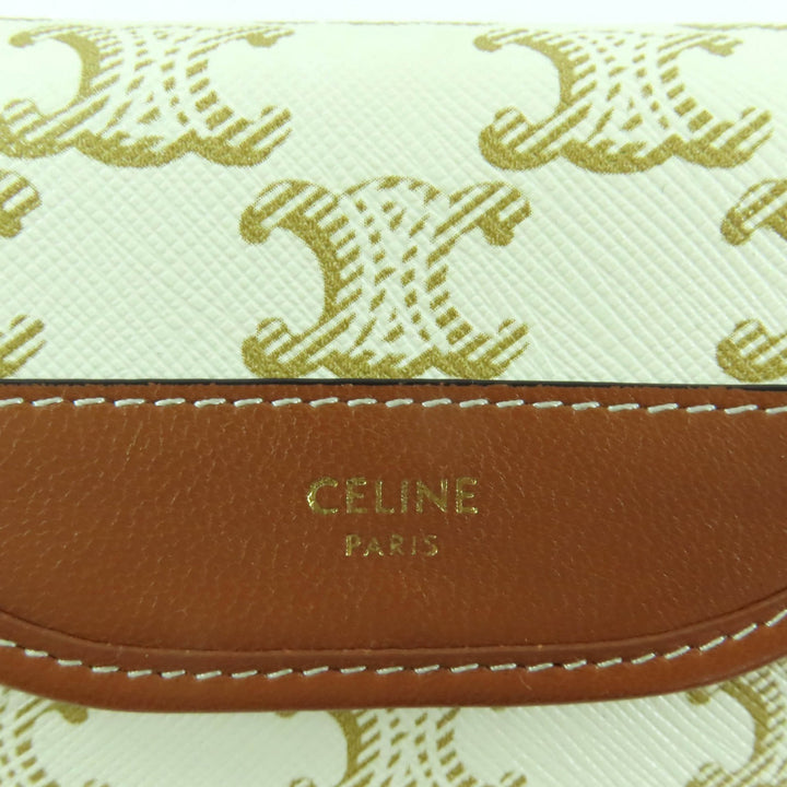 美品★CELINE セリーヌ トリオンフ ロゴ入り ストラップ付 PVC レザー コインケース 小銭入れ 財布 ホワイト ブラウン 伊製 レディース