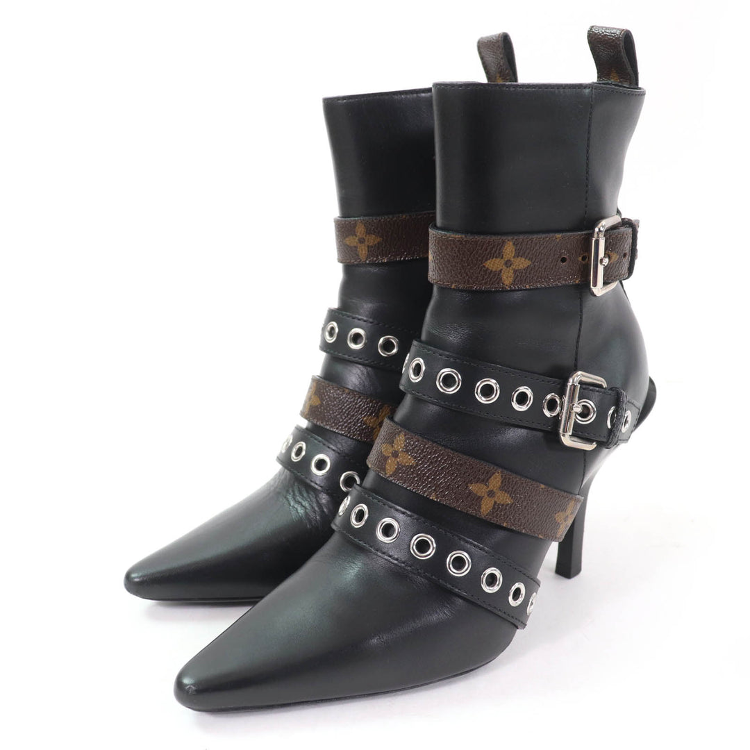 美品☆LOUIS VUITTON ルイヴィトン モノグラム ベルトデザイン レザー アンクルブーツ ブラック 36 保存袋付き イタリア製 レディース
