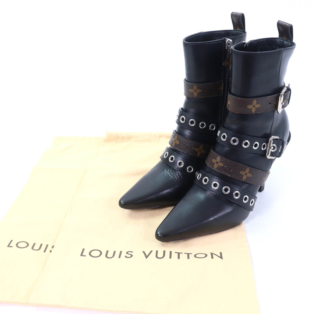美品☆LOUIS VUITTON ルイヴィトン モノグラム ベルトデザイン レザー アンクルブーツ ブラック 36 保存袋付き イタリア製 レディース