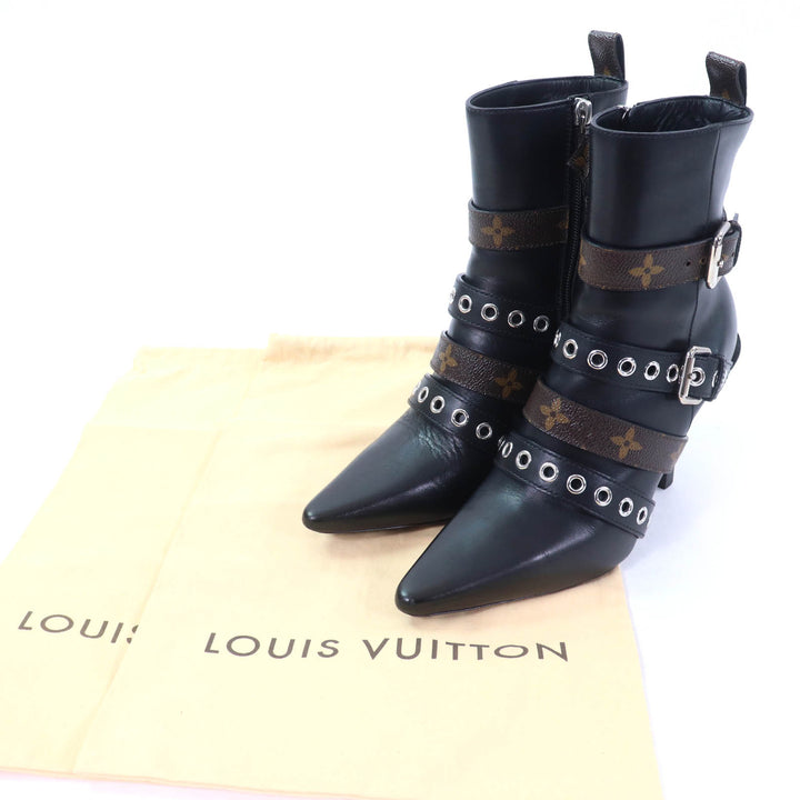 美品☆LOUIS VUITTON ルイヴィトン モノグラム ベルトデザイン レザー アンクルブーツ ブラック 36 保存袋付き イタリア製 レディース