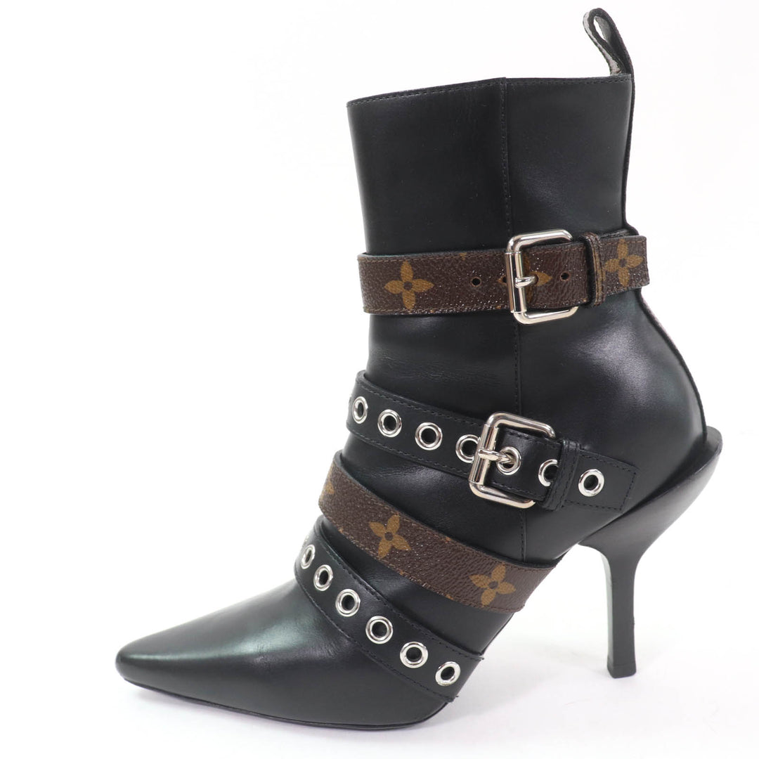 美品☆LOUIS VUITTON ルイヴィトン モノグラム ベルトデザイン レザー アンクルブーツ ブラック 36 保存袋付き イタリア製 レディース
