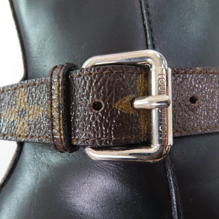 美品☆LOUIS VUITTON ルイヴィトン モノグラム ベルトデザイン レザー アンクルブーツ ブラック 36 保存袋付き イタリア製 レディース