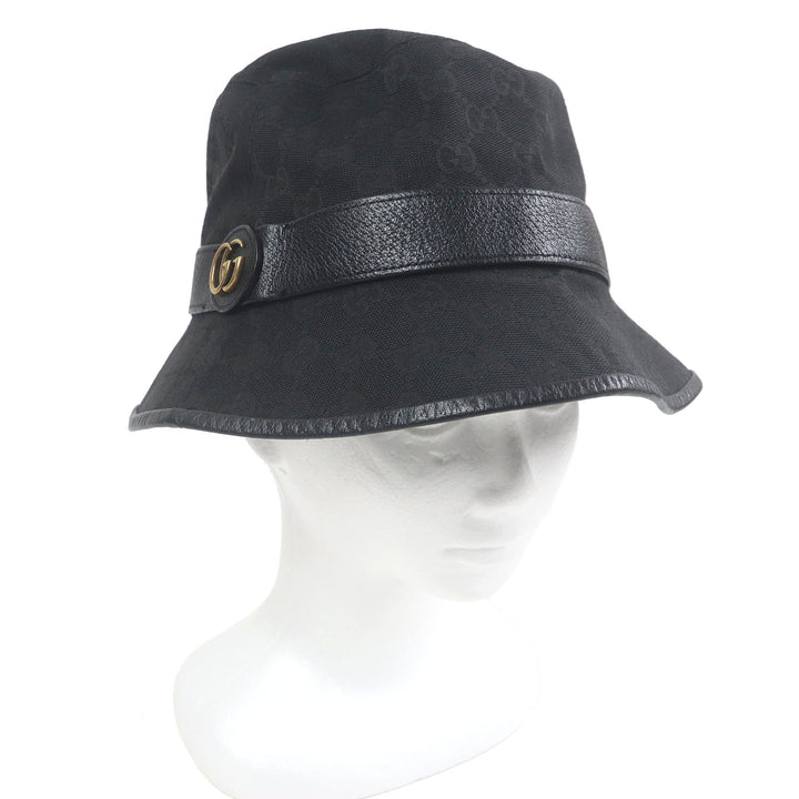 美品□GUCCI グッチ 576587 GGキャンバス GGマーモント ロゴゴールド金具 バケットハット 帽子 ブラック L/59cm イタリア製 正規品
