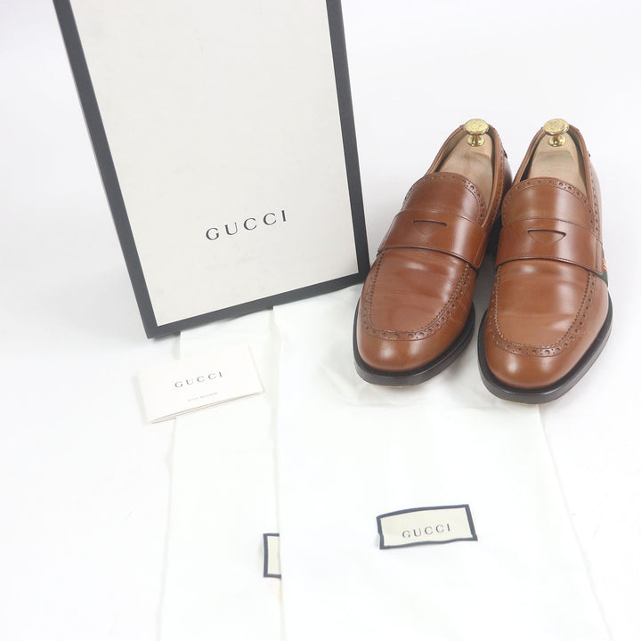 美品□GUCCI グッチ 450990 レザー Bee刺繍 ウェブライン コインローファー ペニーローファー ブラウン 9 箱付き イタリア製 メンズ