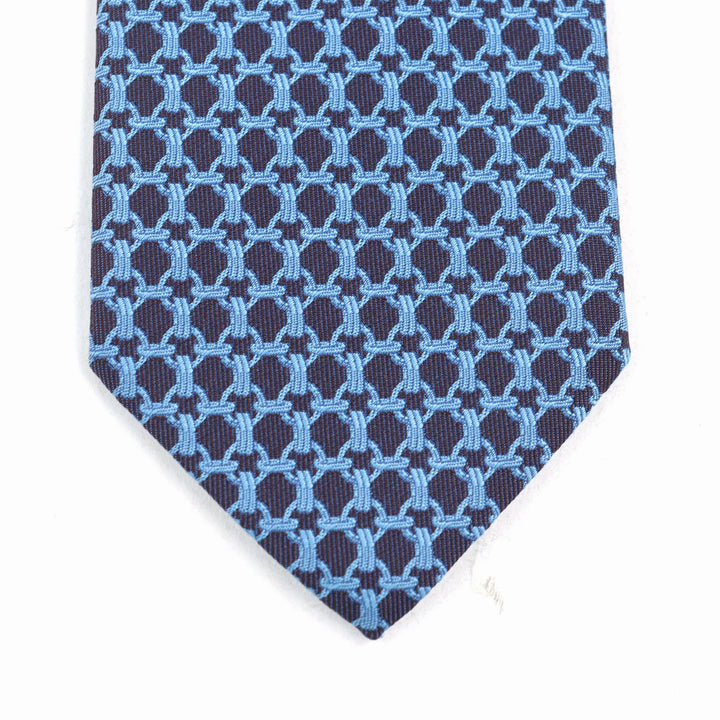 極美品○HERMES エルメス 659059T CRAVATE クラヴァット シルク100% 総柄 裏地Hロゴ ネクタイ ブルー ネイビー フランス製 メンズ