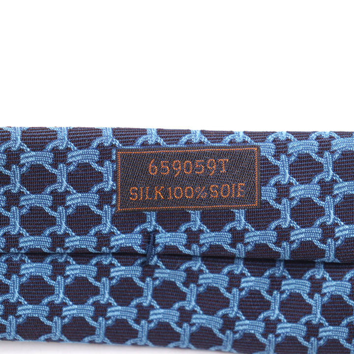 極美品○HERMES エルメス 659059T CRAVATE クラヴァット シルク100% 総柄 裏地Hロゴ ネクタイ ブルー ネイビー フランス製 メンズ