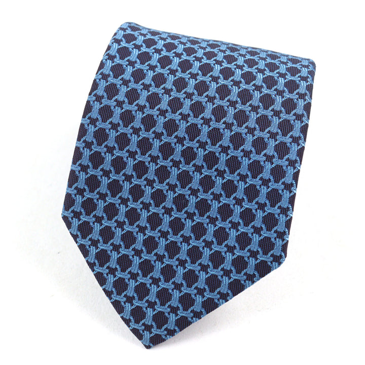 極美品○HERMES エルメス 659059T CRAVATE クラヴァット シルク100% 総柄 裏地Hロゴ ネクタイ ブルー ネイビー フランス製 メンズ