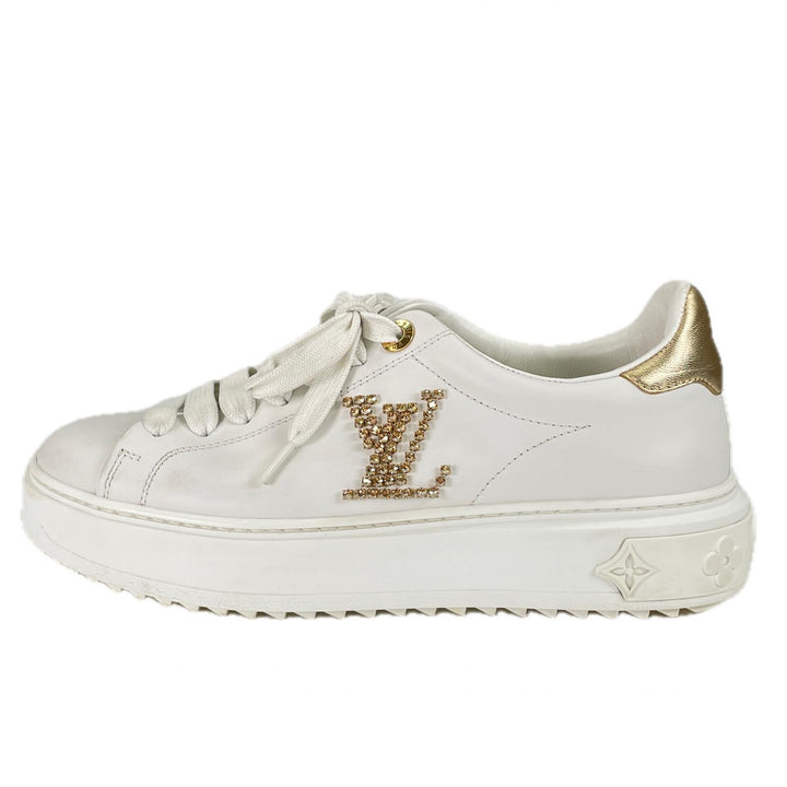 美品▲LOUIS VUITTON ルイヴィトン タイムアウトライン LV ラインストーン装飾 レザー スニーカー ホワイト 36 イタリア製 レディース