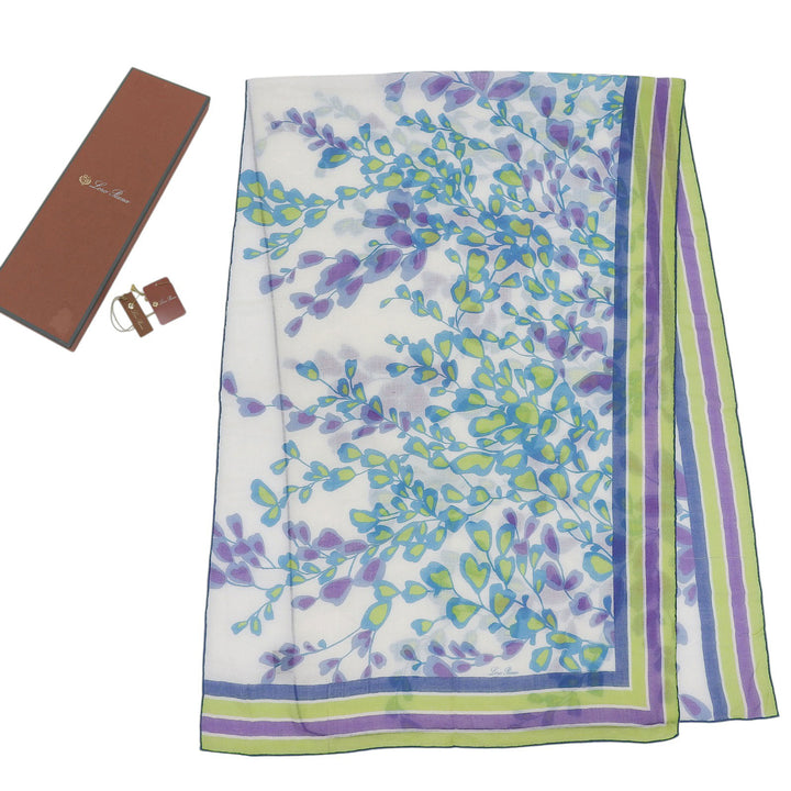 良品▲Loro Piana ロロピアーナ カシミヤ シルク混 花柄 ロゴ入り マフラー ストール ホワイト ブルー グリーン系 箱付き 伊製 レディース