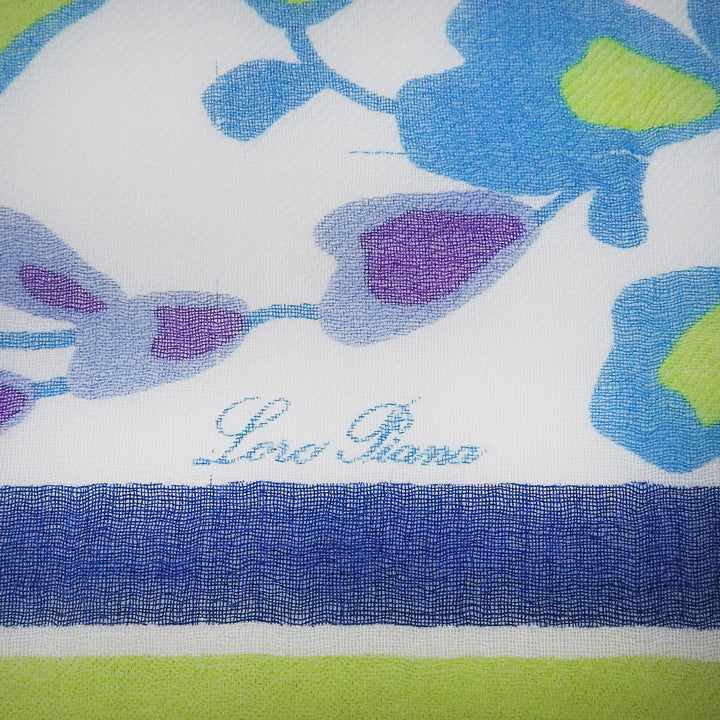 良品▲Loro Piana ロロピアーナ カシミヤ シルク混 花柄 ロゴ入り マフラー ストール ホワイト ブルー グリーン系 箱付き 伊製 レディース