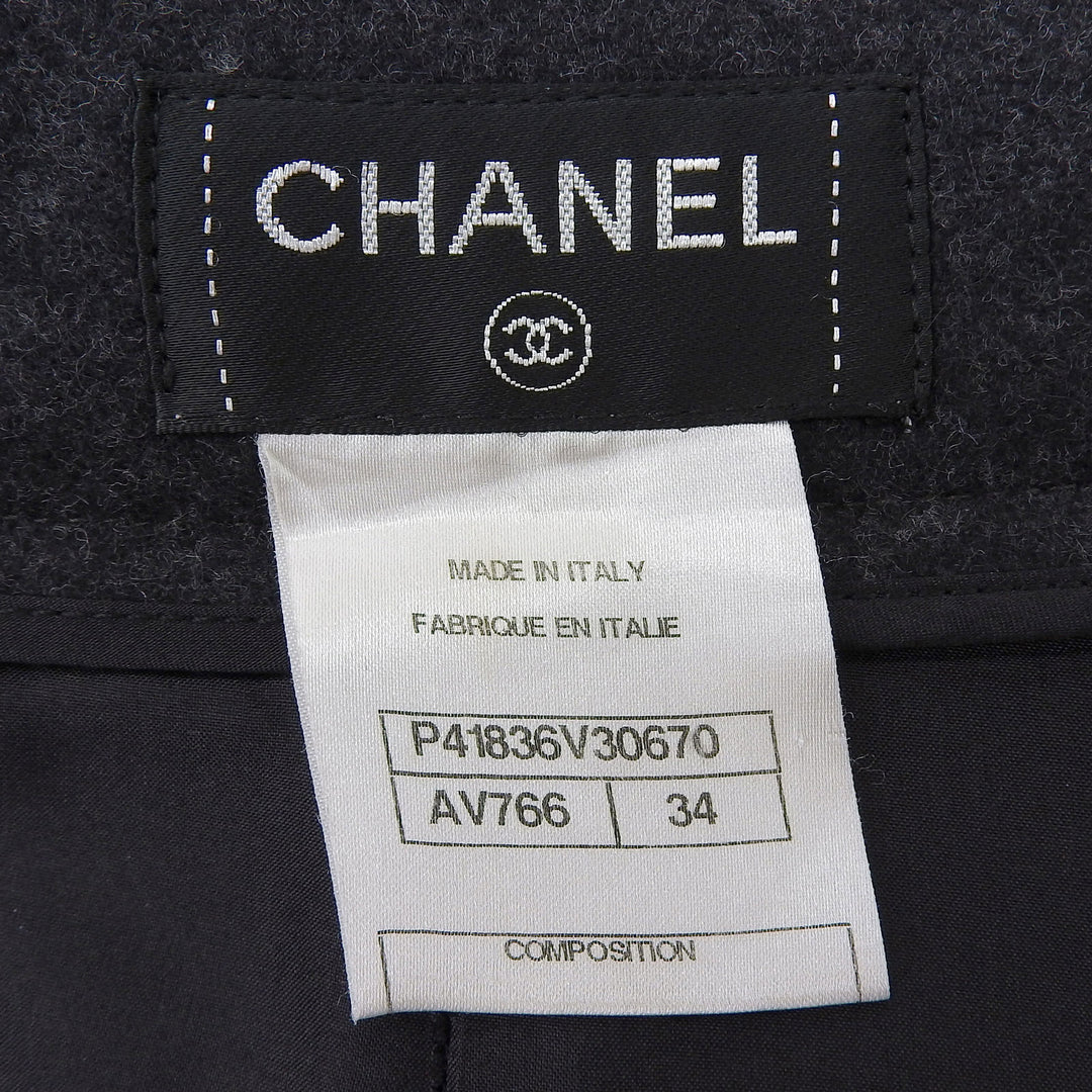 極美品▲CHANEL シャネル P41836 ウール アンゴラ混 ココボタン付き ひざ丈 台形 スカート グレー 34 正規品 レディース
