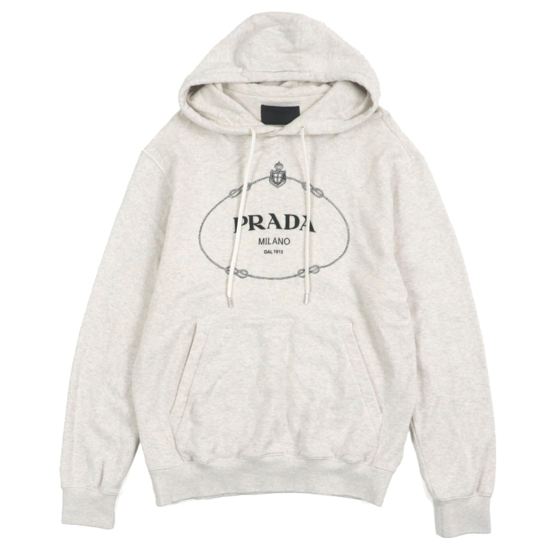 美品▼PRADA プラダ 23AW UJL24B コットン100% フロントロゴ 刺繍 フーディ プルオーバー パーカー ライトグレー S 正規品 メンズ