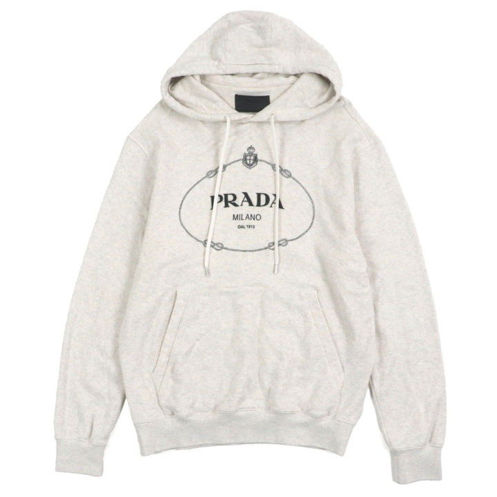美品▼PRADA プラダ 23AW UJL24B コットン100% フロントロゴ 刺繍 フーディ プルオーバー パーカー ライトグレー S 正規品 メンズ