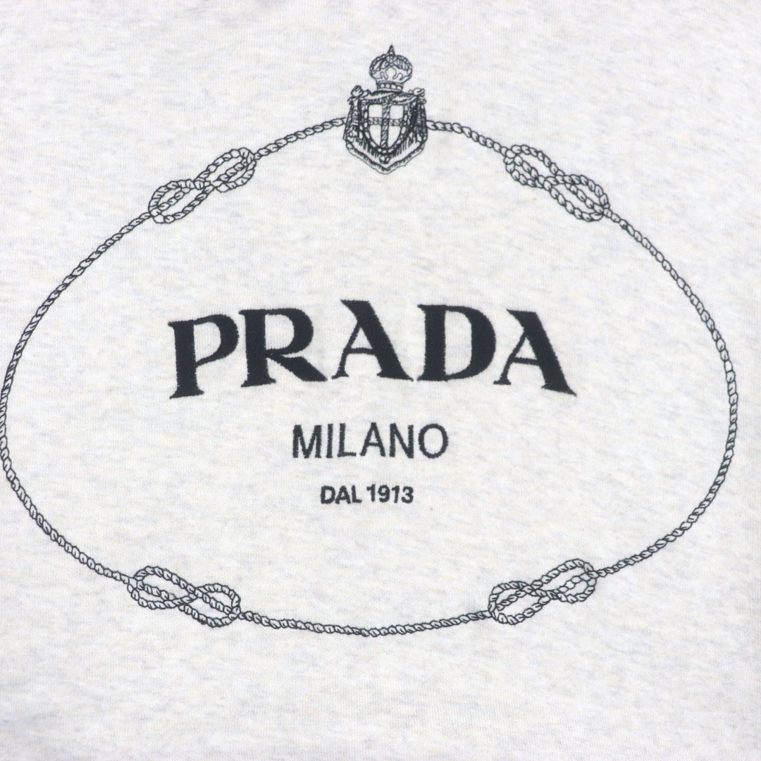 美品▼PRADA プラダ 23AW UJL24B コットン100% フロントロゴ 刺繍 フーディ プルオーバー パーカー ライトグレー S 正規品 メンズ