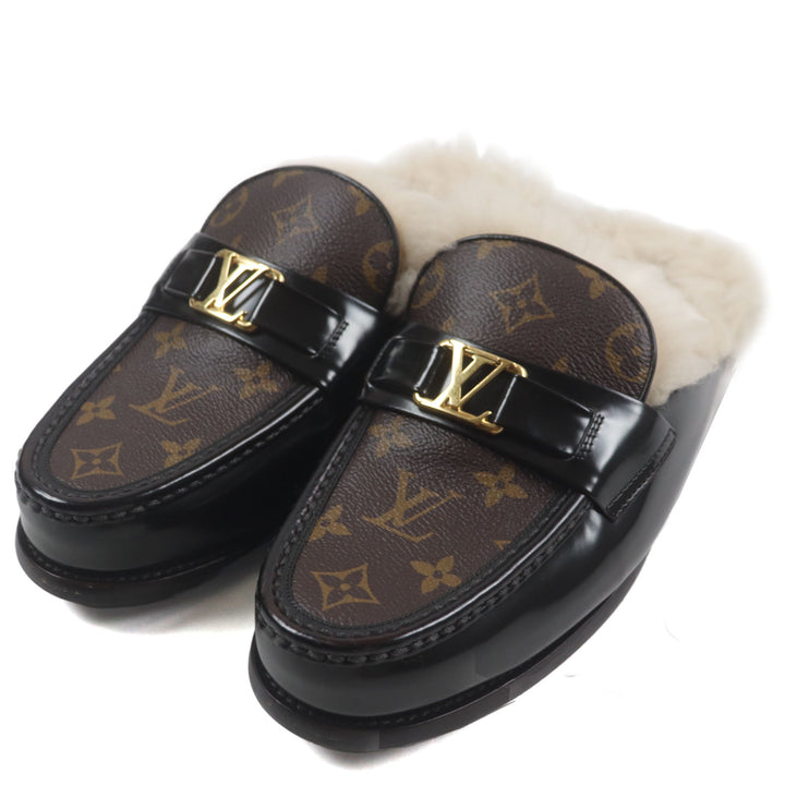 美品▼LOUIS VUITTON ルイヴィトン メジャーライン レザー LVロゴ モノグラム ファー ミュール サンダル 7 保存袋付き イタリア製 メンズ