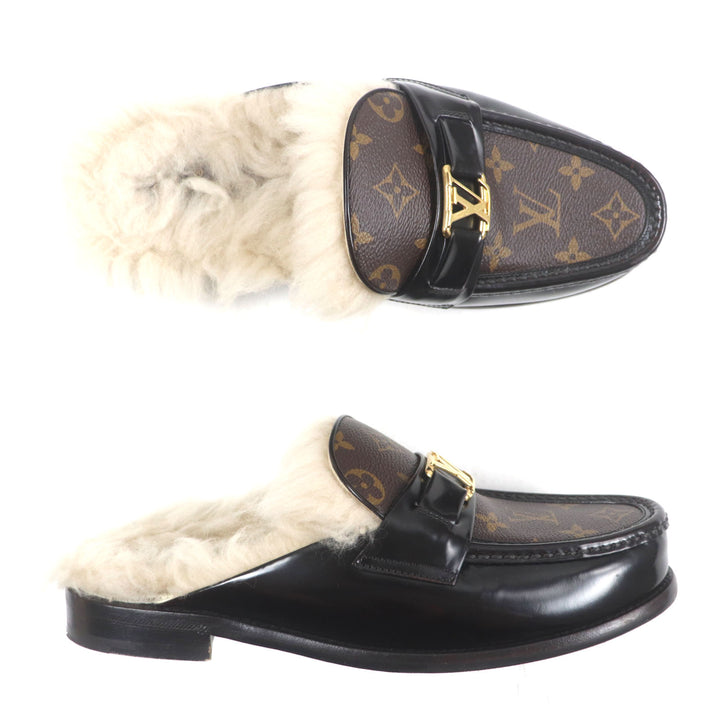 美品▼LOUIS VUITTON ルイヴィトン メジャーライン レザー LVロゴ モノグラム ファー ミュール サンダル 7 保存袋付き イタリア製 メンズ