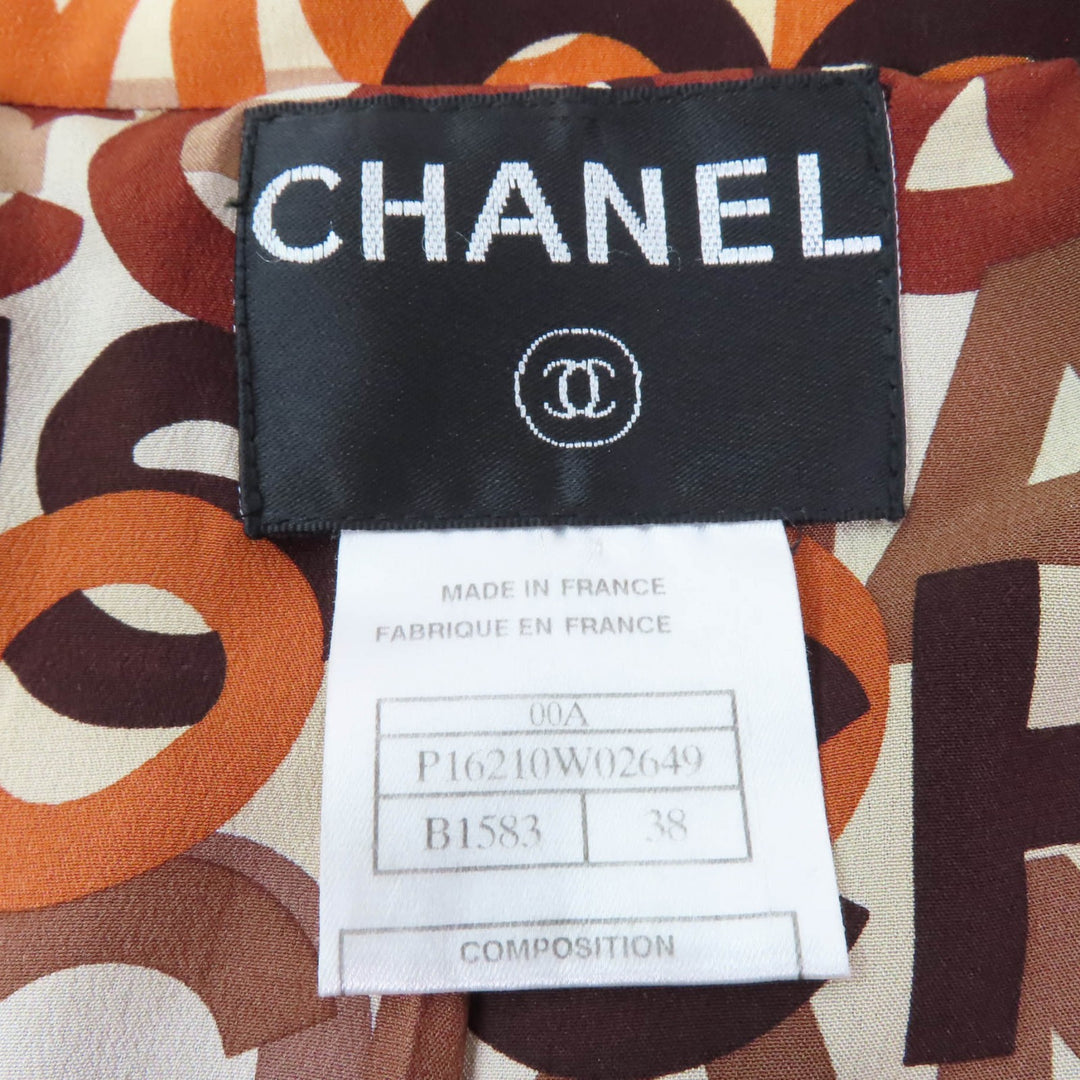 極美品☆CHANEL シャネル 00A P16210W02649 ココマーク 裏地ロゴ総柄 ツイードジャケット・スカート セットアップ ブラウン 38 仏製