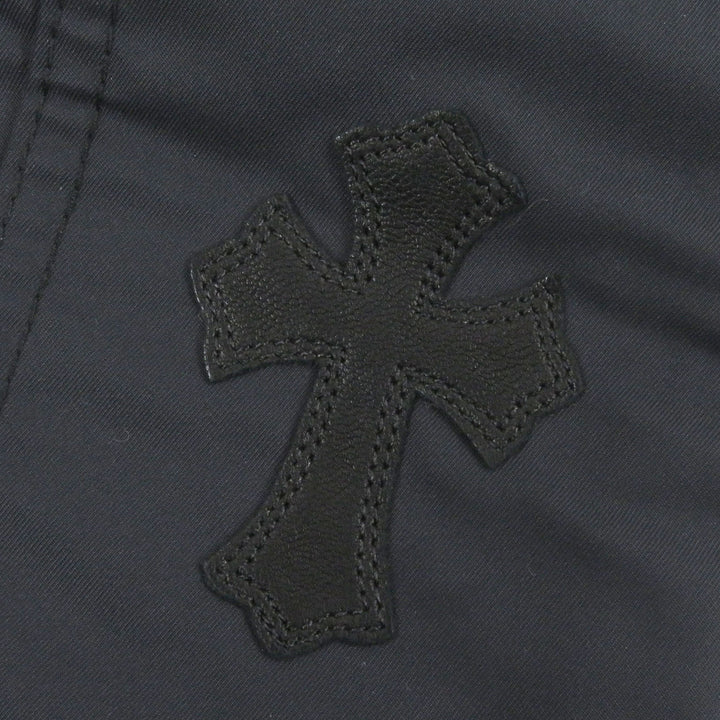 美品□CHROME HEARTS クロムハーツ レザー切り替え セメタリークロスパッチ カーペンター ロングパンツ ダークネイビー 33 USA製 メンズ