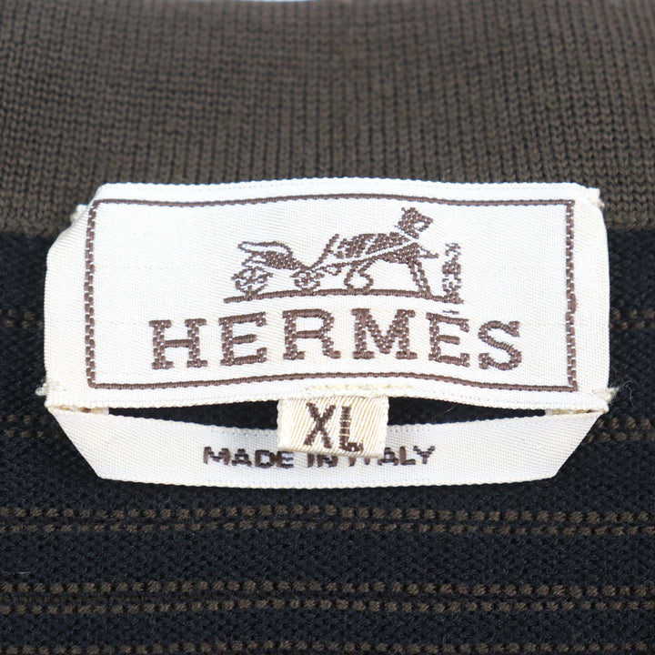 美品○HERMES エルメス ウール100% Vネック バイカラー ショルダーボーダー柄 ニット カーキグリーン系 XL イタリア製 正規品 メンズ