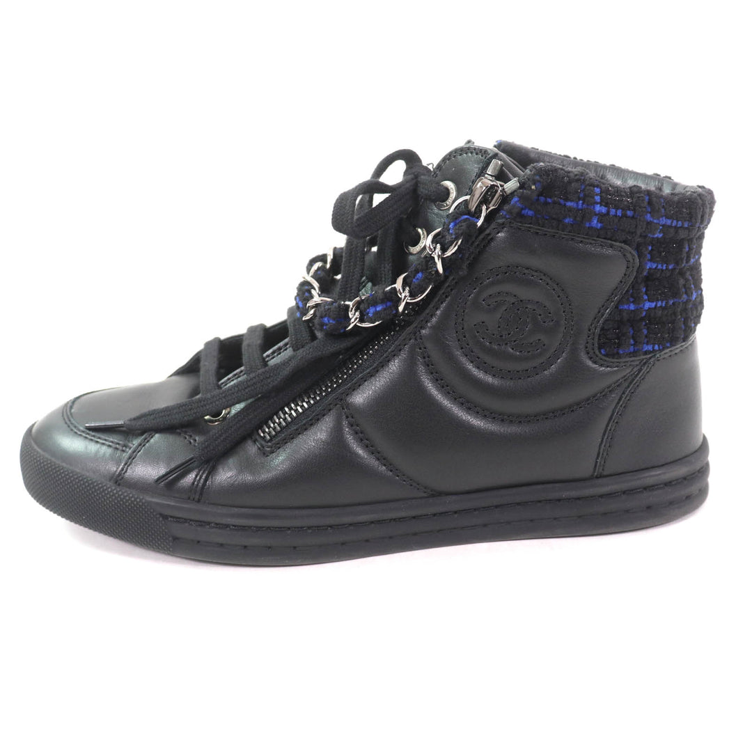 美品★CHANEL シャネル G31316 ココマーク フロントジップ ツイード切替 ハイカットスニーカー ブラック ブルー 35 伊製 レディース