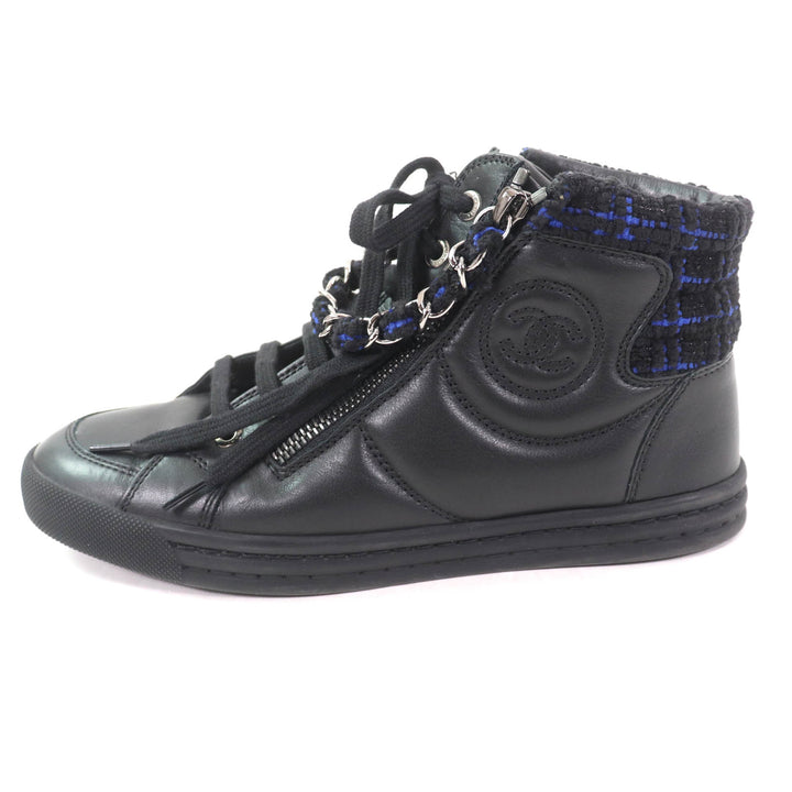 美品★CHANEL シャネル G31316 ココマーク フロントジップ ツイード切替 ハイカットスニーカー ブラック ブルー 35 伊製 レディース