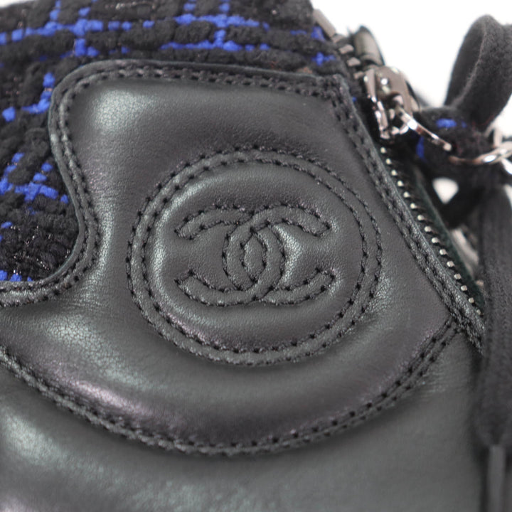 美品★CHANEL シャネル G31316 ココマーク フロントジップ ツイード切替 ハイカットスニーカー ブラック ブルー 35 伊製 レディース