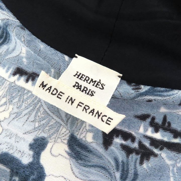 美品△HERMES エルメス FANTAISIE PITTORESQUE ピトレスクな夢 ベルト付 シフォン ワンピース ネイビー ブルー ベージュ 34 仏製 正規品