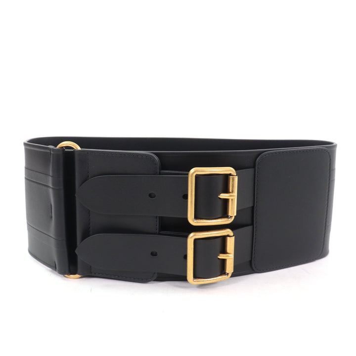 極美品☆Christian Dior クリスチャンディオール D-WAIST マキシ ダブルゴールドバックル レザー ベルト ブラック ゴールド金具 70