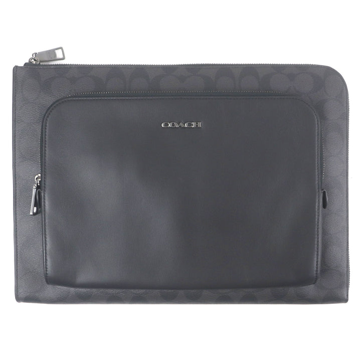 極美品□COACH コーチ CU113 イーサン ポートフォリオ・シグネチャー キャンバス レザー ロゴシルバー金具 クラッチバッグ ブラック