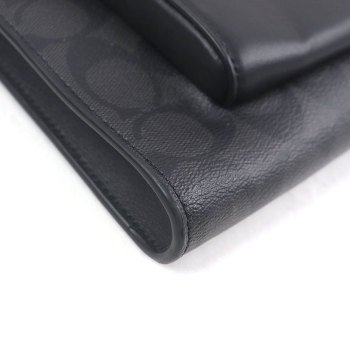 極美品□COACH コーチ CU113 イーサン ポートフォリオ・シグネチャー キャンバス レザー ロゴシルバー金具 クラッチバッグ ブラック