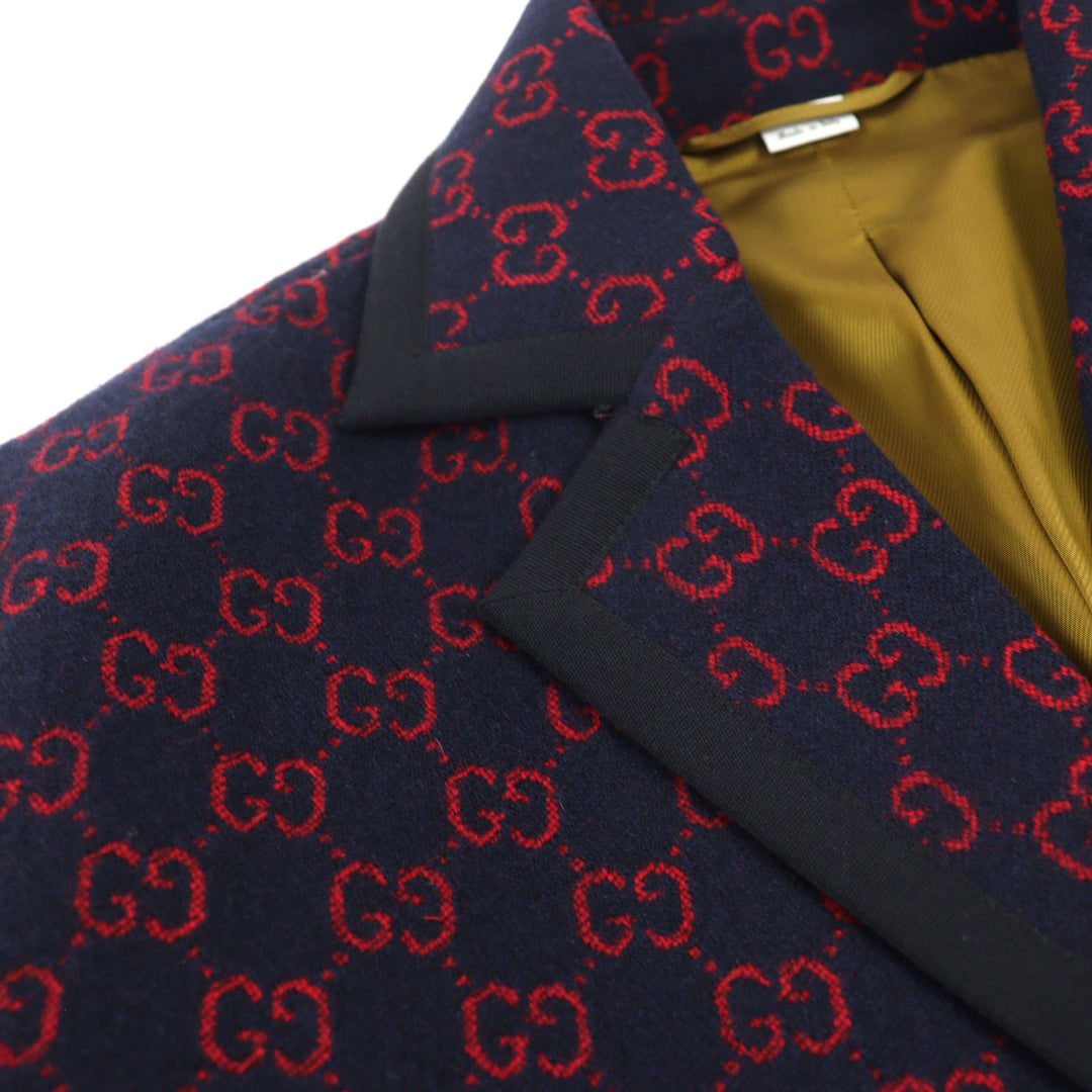 極美品○GUCCI グッチ 597911 GGジャガード 金ボタン パイピングデザイン ハーフコート ネイビー レッド 44 イタリア製 正規品 メンズ