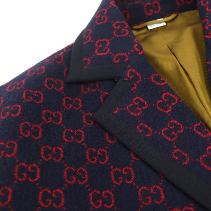 極美品○GUCCI グッチ 597911 GGジャガード 金ボタン パイピングデザイン ハーフコート ネイビー レッド 44 イタリア製 正規品 メンズ