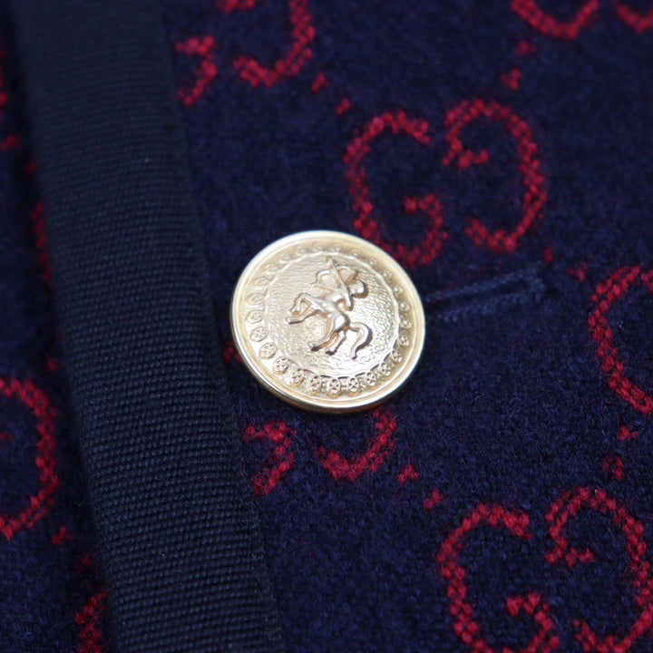 極美品○GUCCI グッチ 597911 GGジャガード 金ボタン パイピングデザイン ハーフコート ネイビー レッド 44 イタリア製 正規品 メンズ