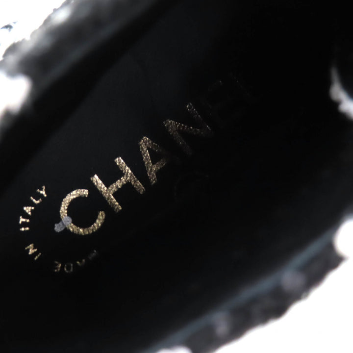 極美品△CHANEL シャネル G36424 ココマーク スパンコール装飾 格子柄 ツイード ショートブーツ アンクルブーツ ブラック ホワイト 37.5