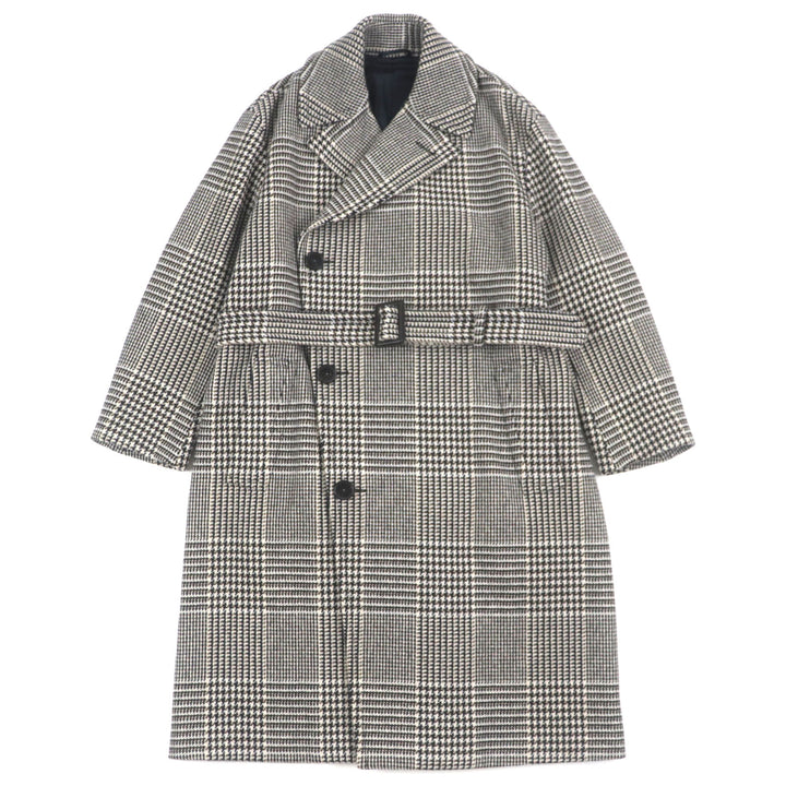 極美品▼HERMES エルメス ウール100% グレンチェック ベルト付き レザー使い ベルテッドコート ブラウン系 46 イタリア製 正規品 メンズ