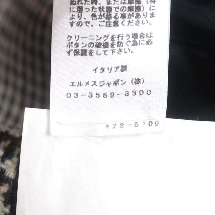 極美品▼HERMES エルメス ウール100% グレンチェック ベルト付き レザー使い ベルテッドコート ブラウン系 46 イタリア製 正規品 メンズ