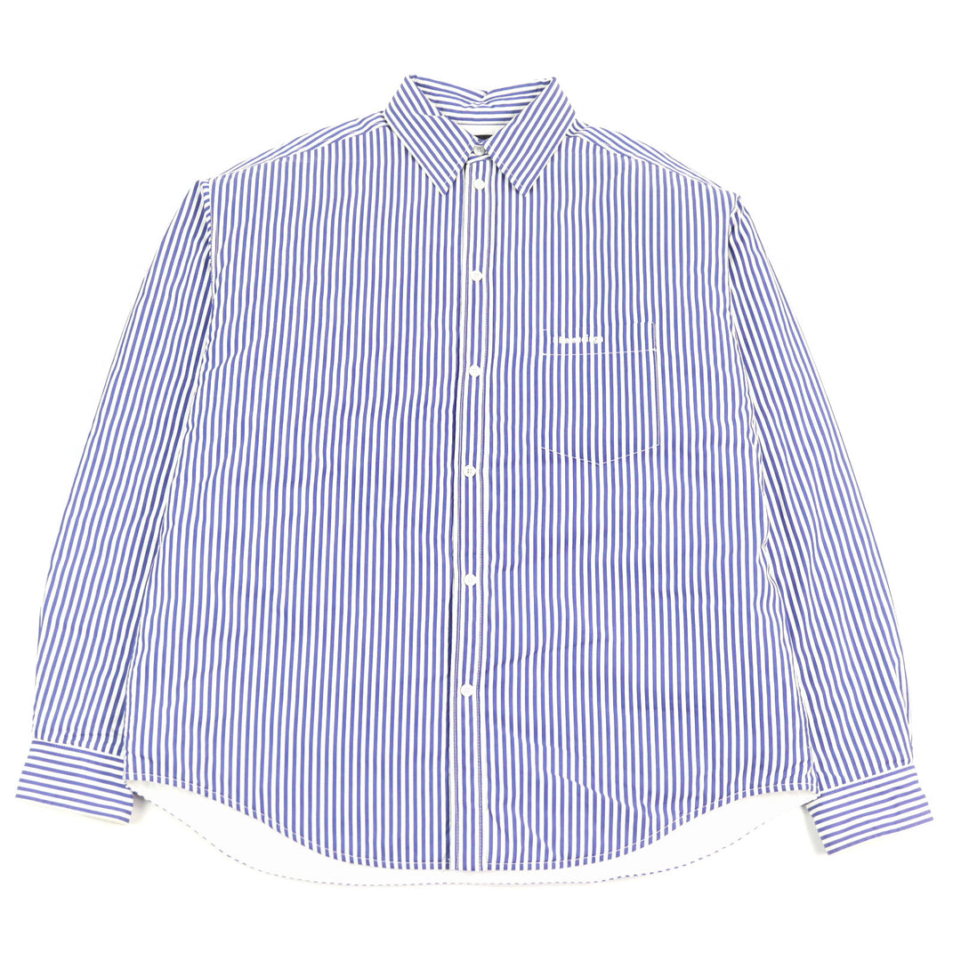 美品○BALENCIAGA バレンシアガ 21SS 642339 オーバーサイズ パデッド フランネル ストライプ 長袖シャツ ブルー ホワイト 36 正規品