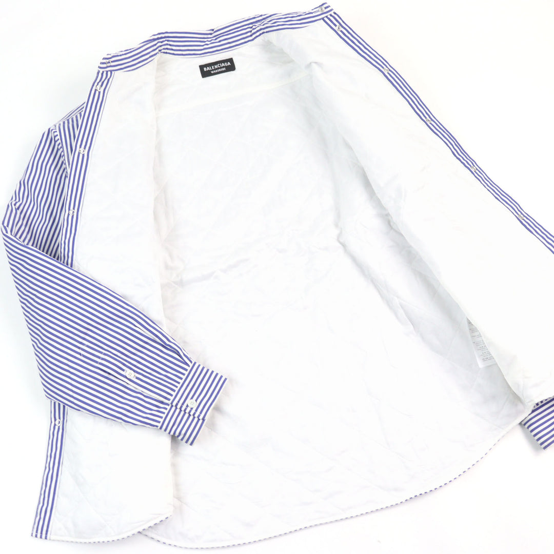 美品○BALENCIAGA バレンシアガ 21SS 642339 オーバーサイズ パデッド フランネル ストライプ 長袖シャツ ブルー ホワイト 36 正規品