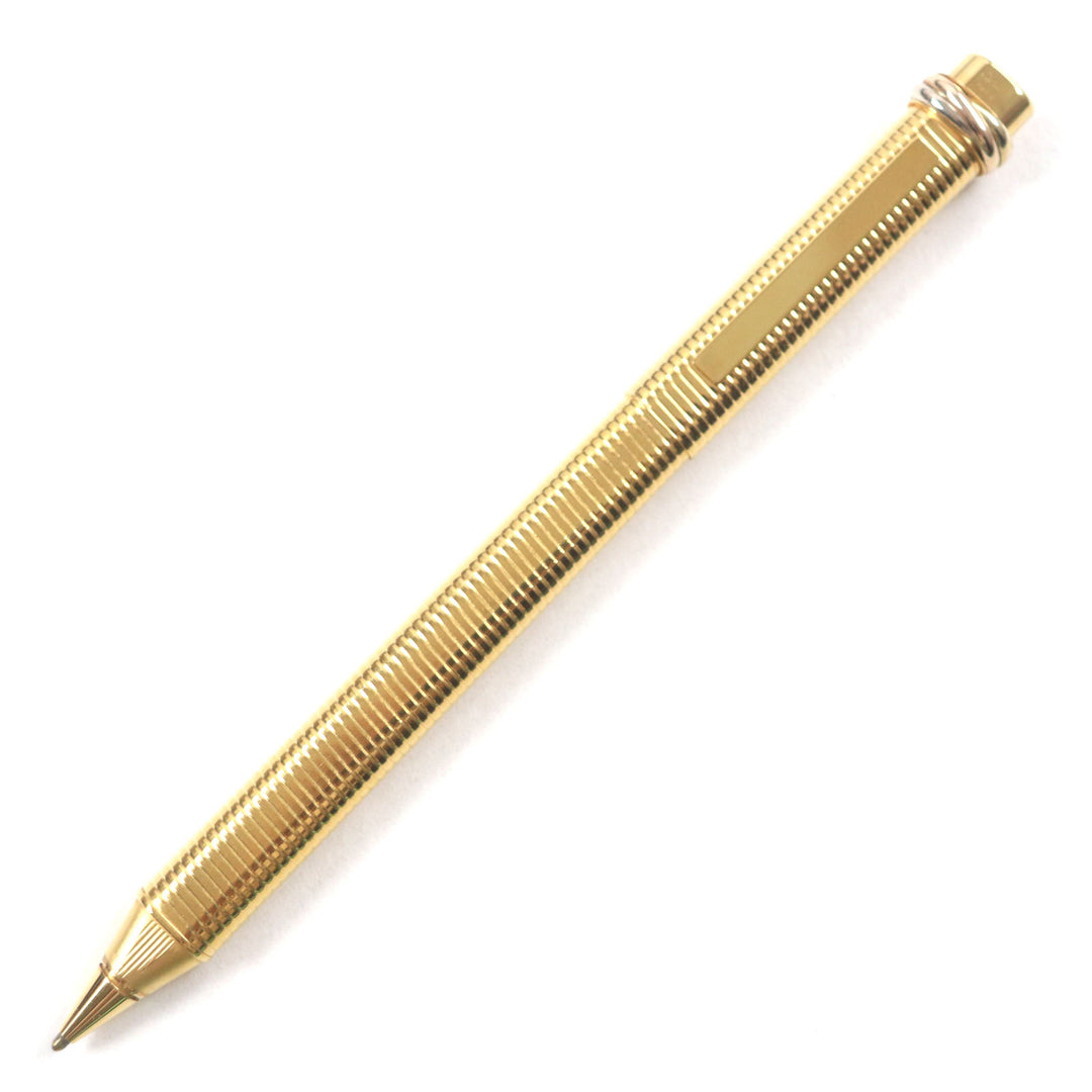 極美品▼Cartier カルティエ ヴィンテージ トリニティ ボーダー柄 キャップ式 ボールペン ゴールド ケース付き フランス製 メンズ