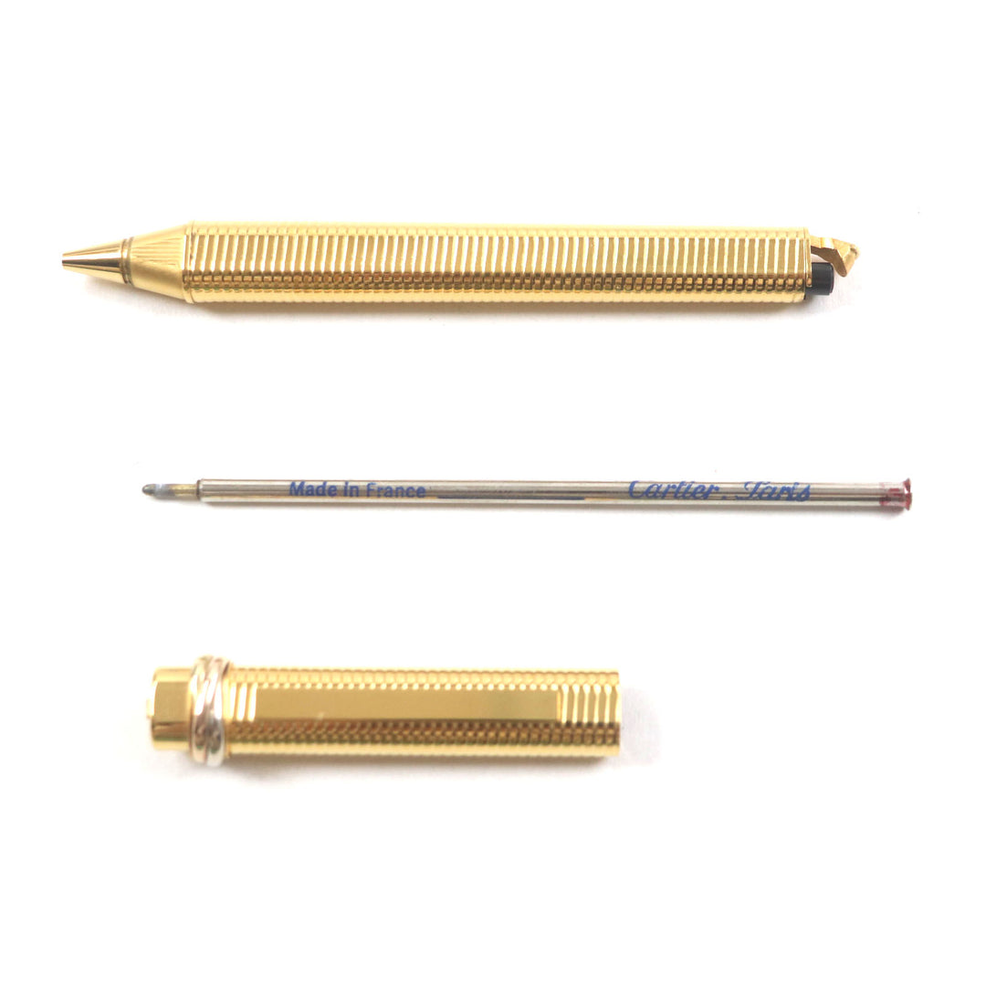 極美品▼Cartier カルティエ ヴィンテージ トリニティ ボーダー柄 キャップ式 ボールペン ゴールド ケース付き フランス製 メンズ