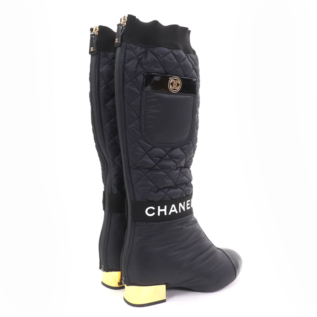 美品☆CHANEL シャネル G38428 ココマーク金具付 ロゴデザイン パテントレザー使い キルティング レザー 2WAY ロングブーツ ブラック 36