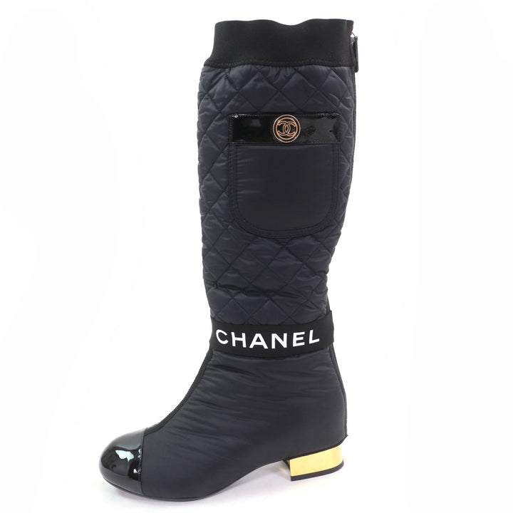 美品☆CHANEL シャネル G38428 ココマーク金具付 ロゴデザイン パテントレザー使い キルティング レザー 2WAY ロングブーツ ブラック 36
