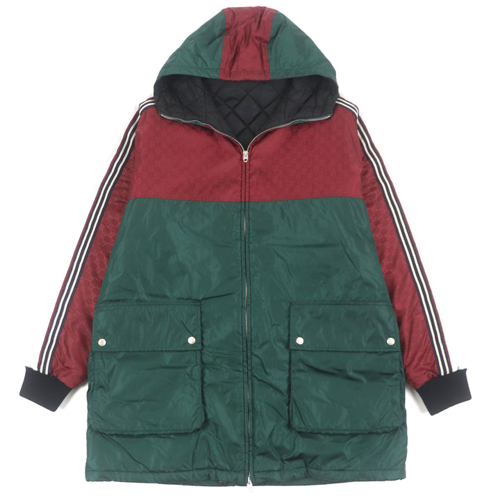 美品▼GUCCI グッチ 590746 GG柄 フード付き 中綿 WZIPUP コート マウンテンパーカー グリーン ボルドー 46 イタリア製 正規品 メンズ