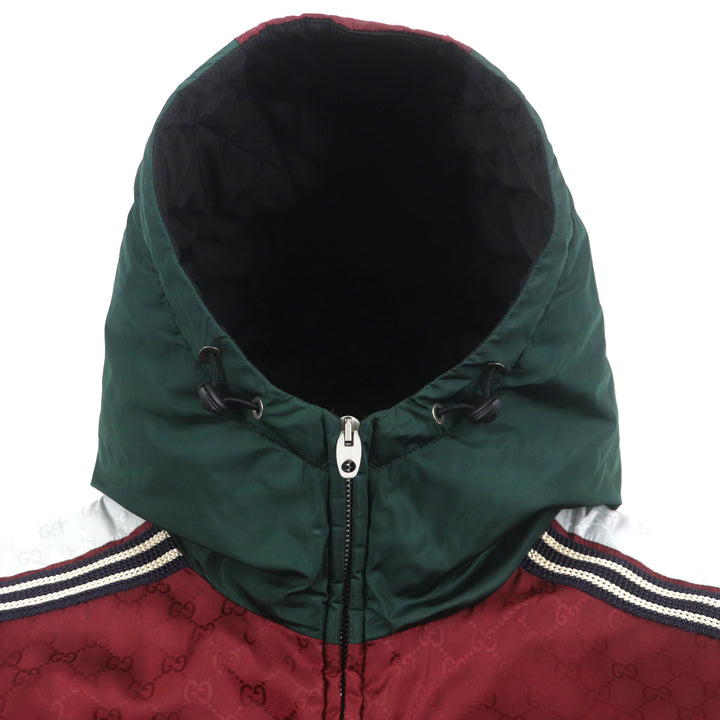 美品▼GUCCI グッチ 590746 GG柄 フード付き 中綿 WZIPUP コート マウンテンパーカー グリーン ボルドー 46 イタリア製 正規品 メンズ