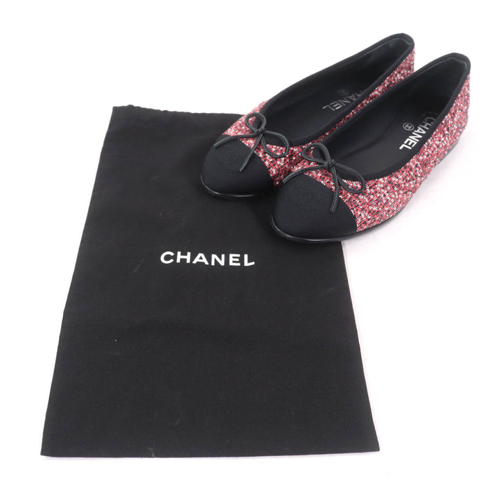 極美品★CHANEL シャネル G02819 リボン付 ココマーク スパンコール バレリーナシューズ ピンク系 36.5 保存袋付き イタリア製 レディース