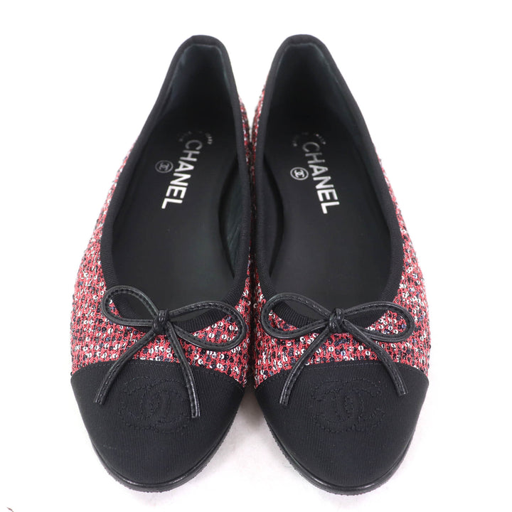 極美品★CHANEL シャネル G02819 リボン付 ココマーク スパンコール バレリーナシューズ ピンク系 36.5 保存袋付き イタリア製 レディース