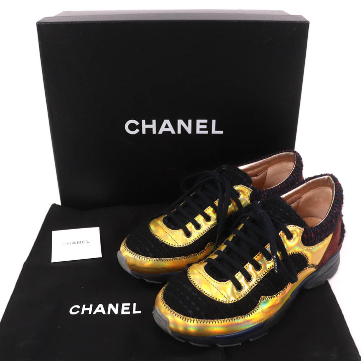 美品△CHANEL シャネル G30422 ココマーク ツイード切替 スウェードレザー使 スニーカー メタリックイエロー ブラック ブラウン 35 袋付